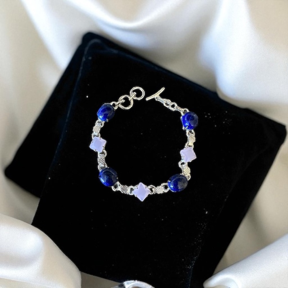Lapis Lazuli Rose Chalcedony Bracelet Silver Gemstone Statement Jewelry